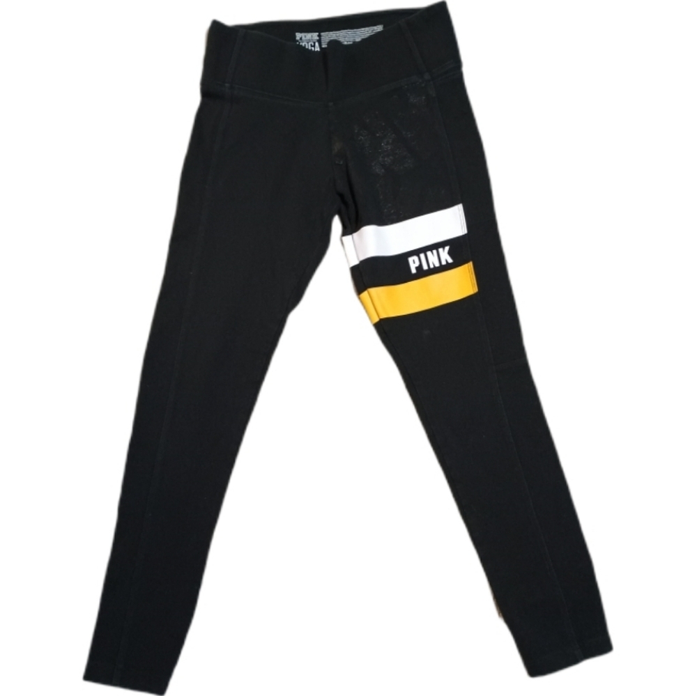 PINK Victoria's Secret Black Leggings with White & Yellow Stripes